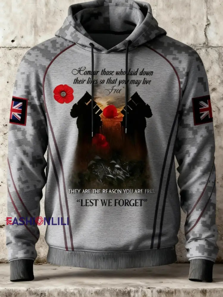 Men’s 11th November Remembrance Day LEST WE’S FORGET Poppy Remembrance Hoodie Gray / S