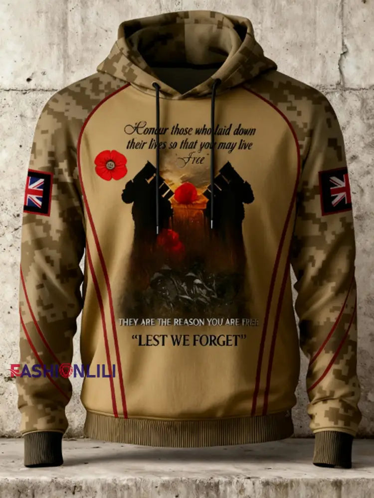 Men’s 11th November Remembrance Day LEST WE’S FORGET Poppy Remembrance Hoodie Khaki / S