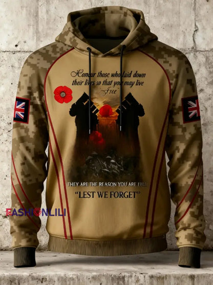 Men’s 11th November Remembrance Day LEST WE’S FORGET Poppy Remembrance Hoodie Khaki / S