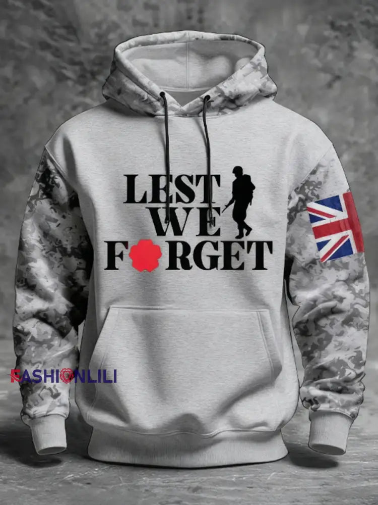 Men’s 11th November Remembrance Day LEST WE’S FORGET Poppy Remembrance Hoodie Light Gray / S