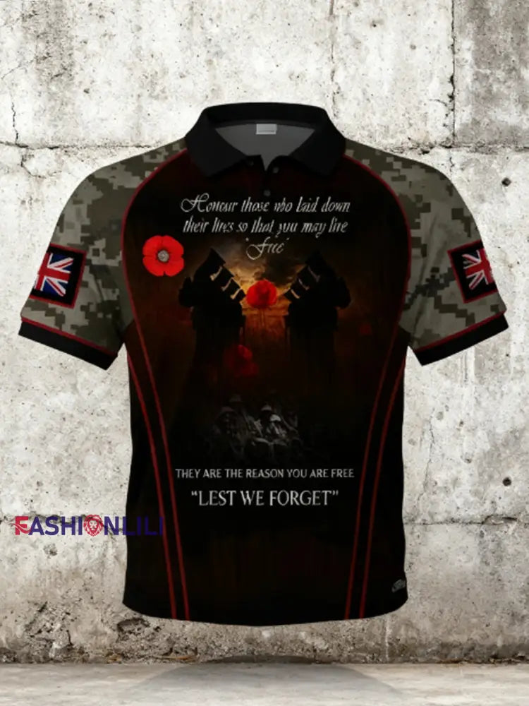 Men’s Men’s 11th November Remembrance Day LEST WE’S FORGET Poppy Remembrance Shirt Black / S