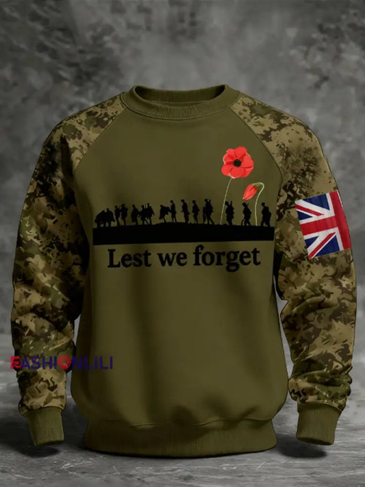 Men’s 11th November Remembrance Day LEST WE’S FORGET Poppy Remembrance Sweatshirt Army Green / S