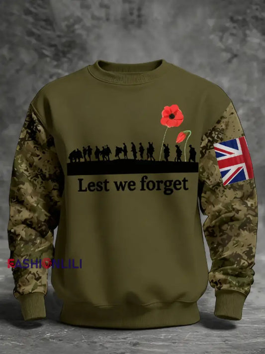Men’s 11th November Remembrance Day LEST WE’S FORGET Poppy Remembrance Sweatshirt Army Green / S