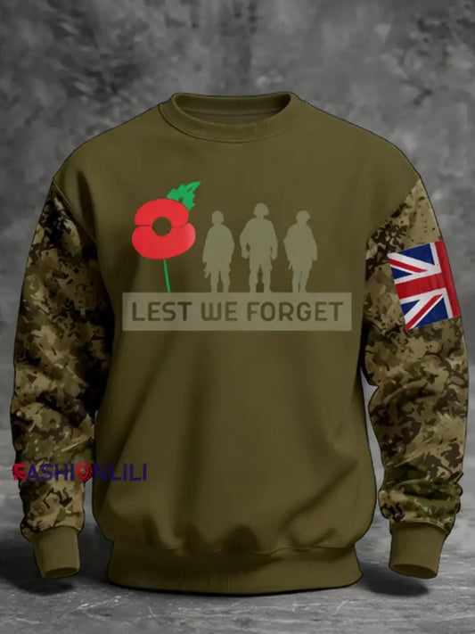 Men’s 11th November Remembrance Day LEST WE’S FORGET Poppy Remembrance Sweatshirt Army Green / S