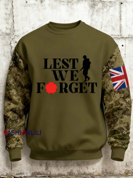 Men’s 11th November Remembrance Day LEST WE’S FORGET Poppy Remembrance Sweatshirt Army Green / S
