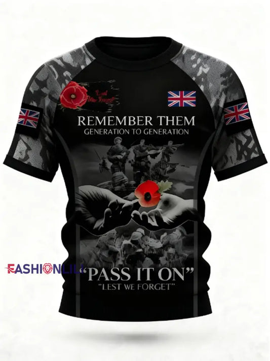 Men’s 11th November Remembrance Day LEST WE’S FORGET Poppy Remembrance T-shirt Black / S