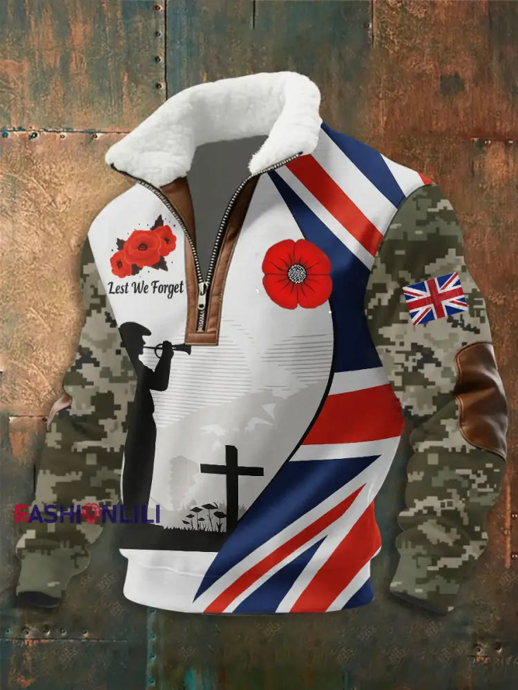 Men’s 11th November Remembrance Day LEST WE’S FORGET Poppy Remembrance Zip-Up Hoodie White / S