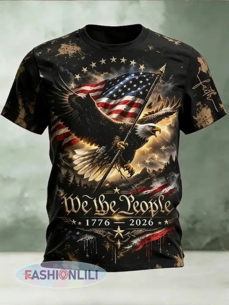 Men’s America Flag Eagle We The People Printed T-shirt - Black / S