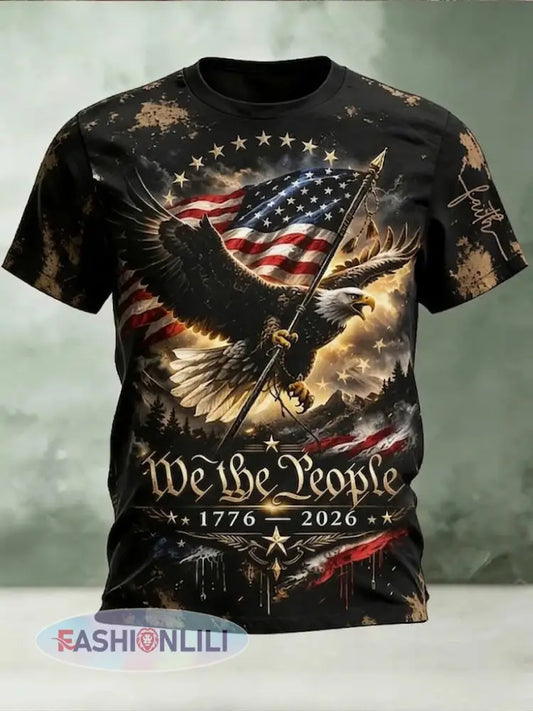Men’s America Flag Eagle We The People Printed T-shirt - Black / S