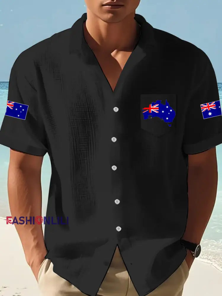 Men’s Australian Flag Print Casual Short-Sleeve Waffle Shirt Black / S