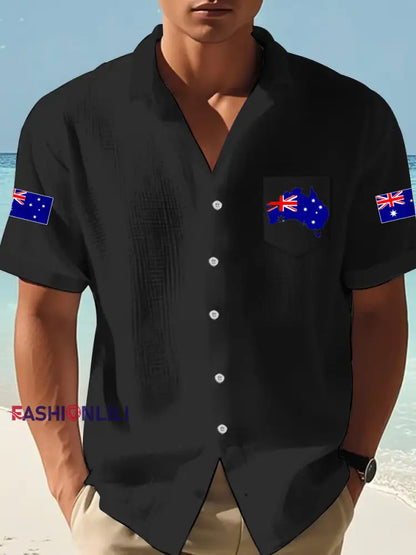 Men’s Australian Flag Print Casual Short-Sleeve Waffle Shirt Black / S