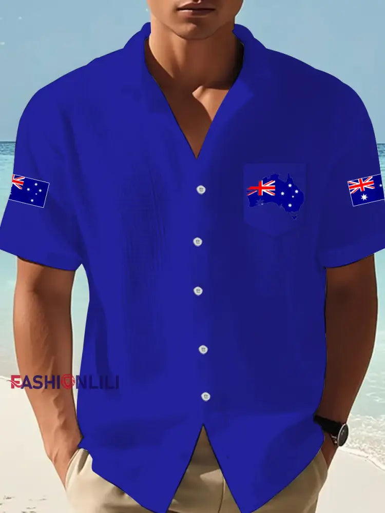 Men’s Australian Flag Print Casual Short-Sleeve Waffle Shirt Royal Blue / S