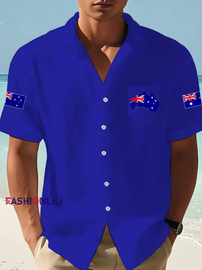 Men’s Australian Flag Print Casual Short-Sleeve Waffle Shirt Royal Blue / S