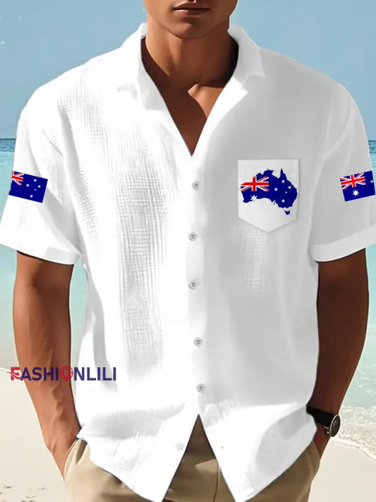 Men’s Australian Flag Print Casual Short-Sleeve Waffle Shirt White / S