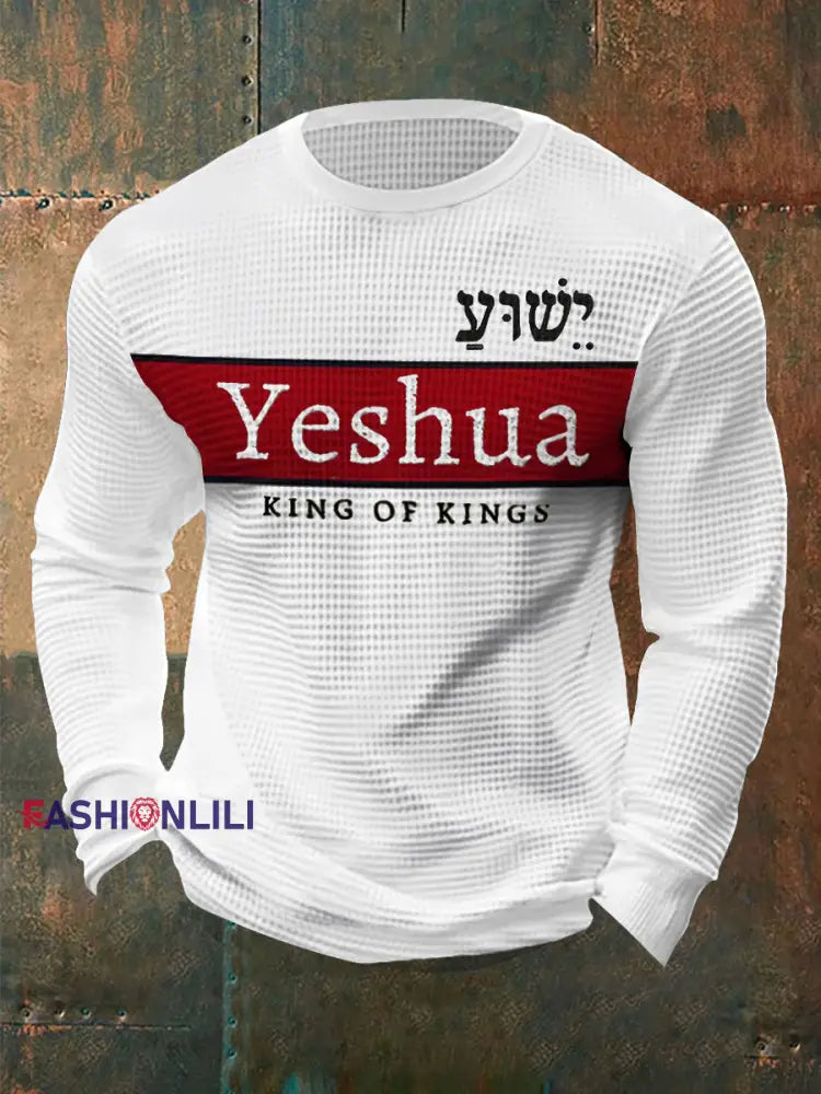 Men’s Bible Verse “ Yeshua King OF Kings Lord Of Lords” Printed Waffle Long Sleeve T-Shirt White / S