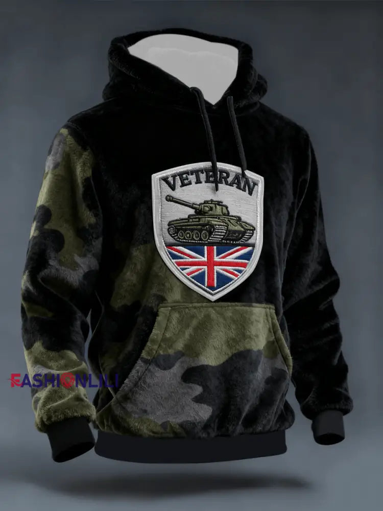 Men’s British ARMY VETERAN Print Flannel Hoodie Black / S