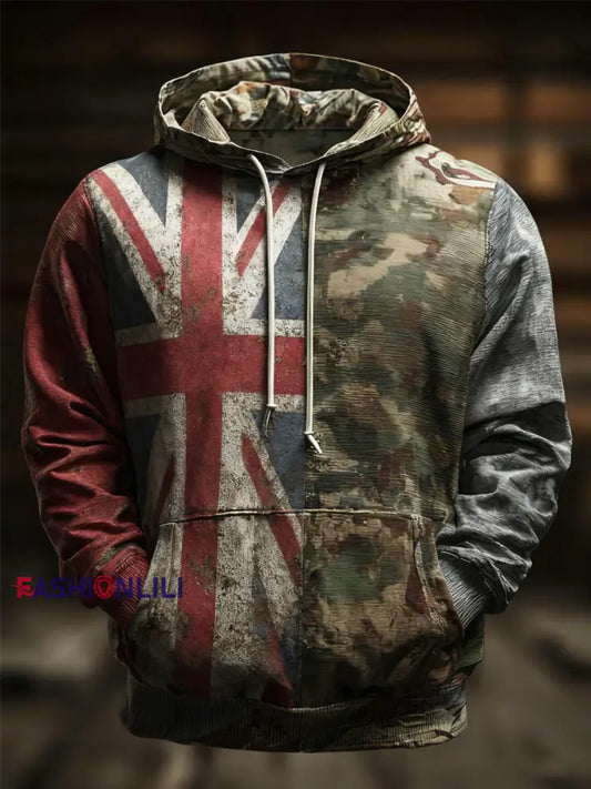 Men’s British flag and camouflage pattern Printed Oversized Drop-Shoulder Hoodie with Pockets As picture / S