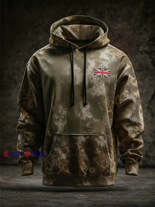 Men’s British flag and camouflage pattern Printed Oversized Drop-Shoulder Hoodie with Pockets As picture / S