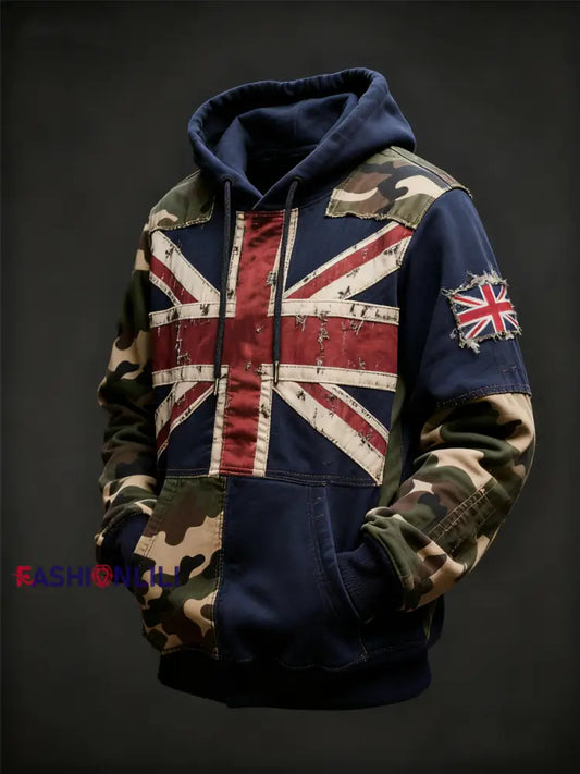 Men’s British flag and camouflage pattern Printed Oversized Drop-Shoulder Hoodie with Pockets As picture / S