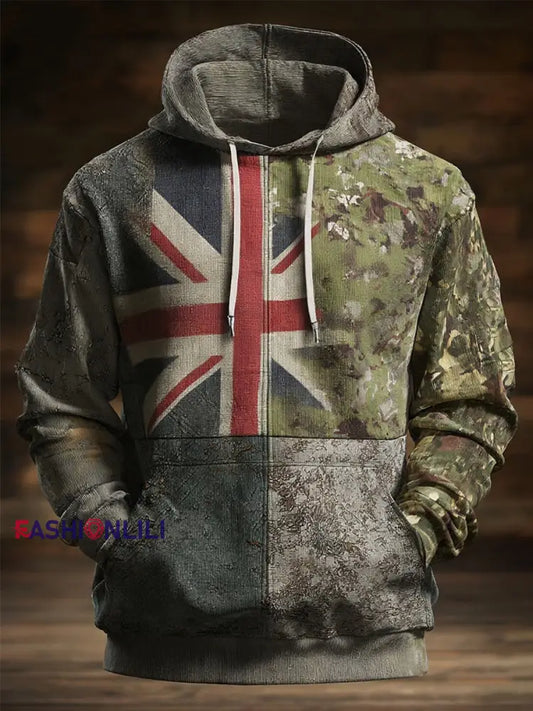 Men’s British flag and camouflage pattern Printed Oversized Drop-Shoulder Hoodie with Pockets As picture / S