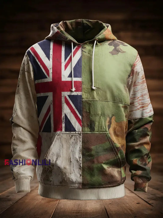 Men’s British flag and camouflage pattern Printed Oversized Drop-Shoulder Hoodie with Pockets As picture / S