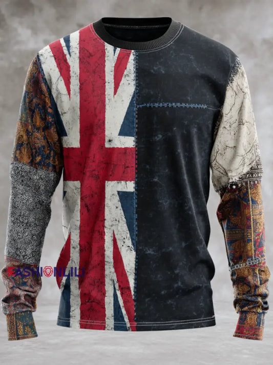 Men’s British Flag Patchwork Printed long sleeve round neck T-shirt As picture / S