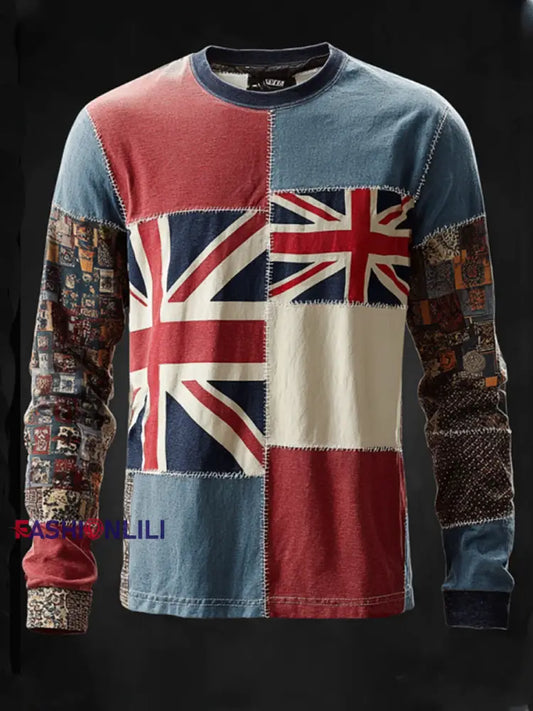 Men’s British Flag Patchwork Printed long sleeve round neck T-shirt As picture / S
