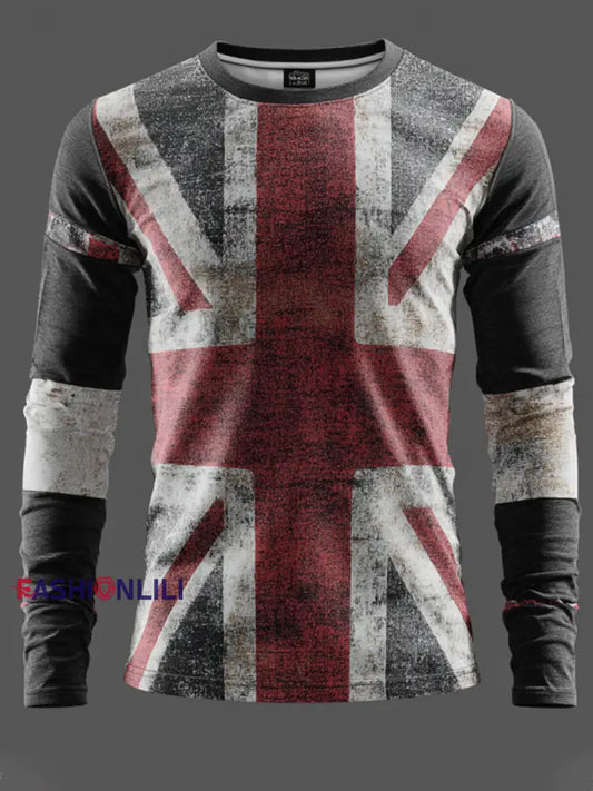 Men’s British Flag Patchwork Printed long sleeve round neck T-shirt As picture / S