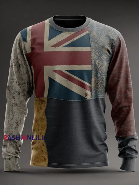 Men’s British Flag Patchwork Printed long sleeve round neck T-shirt As picture / S