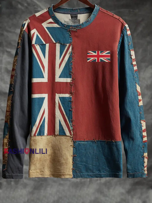Men’s British Flag Patchwork Printed ong sleeve round neck T-shirt As picture / S