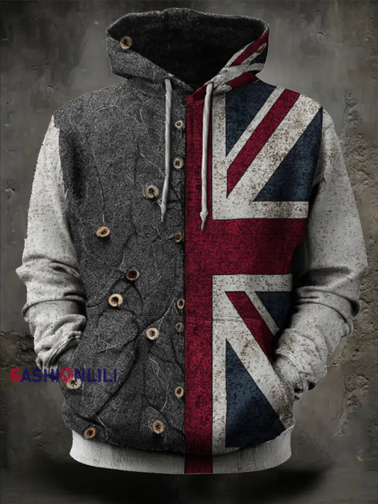 Men’s British Flag Patchwork Printed Oversized Drop-Shoulder Hoodie with Pockets As picture / S