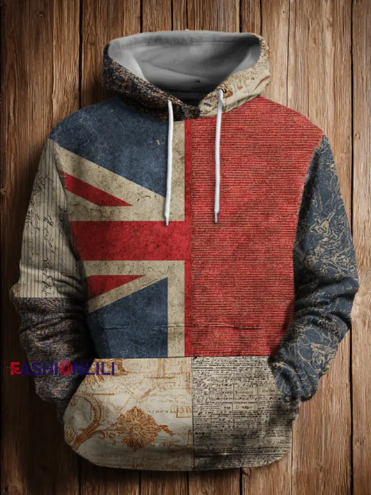 Men’s British Flag Patchwork Printed Oversized Drop-Shoulder Hoodie with Pockets As picture / S