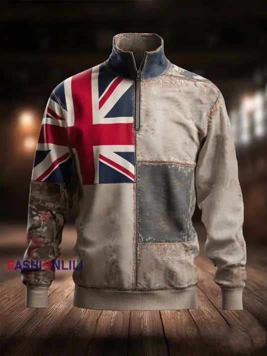 Men’s british flag patchwork Printed Zip-Up Hoodie As picture / S
