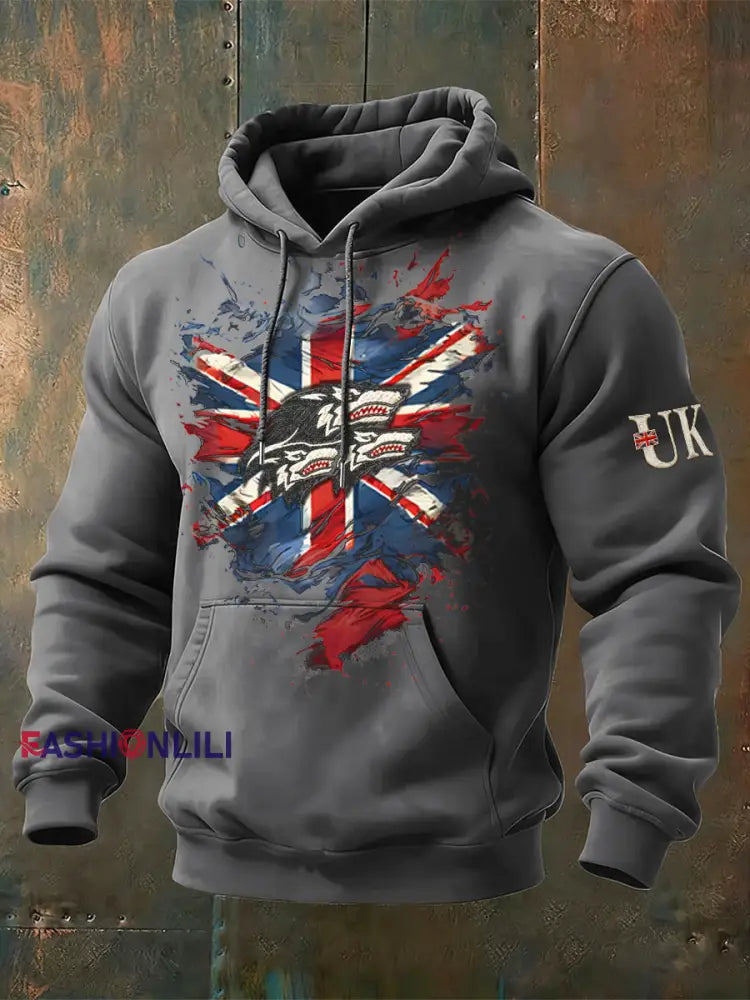 Men’s British Flag Wolf Casual Hoodie Gray / S