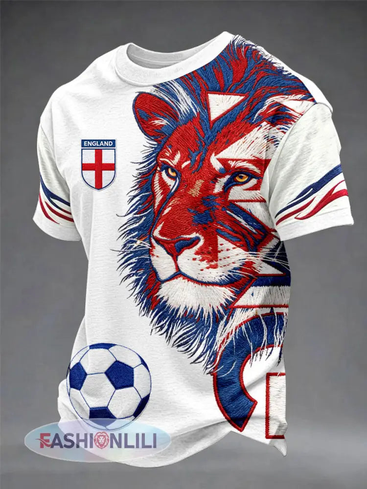 Men’s British Football Lion Embroidered Casual Unisex T-shirt - White / S