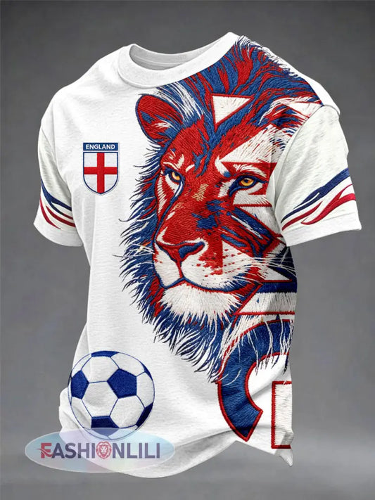 Men’s British Football Lion Embroidered Casual Unisex T-shirt - White / S