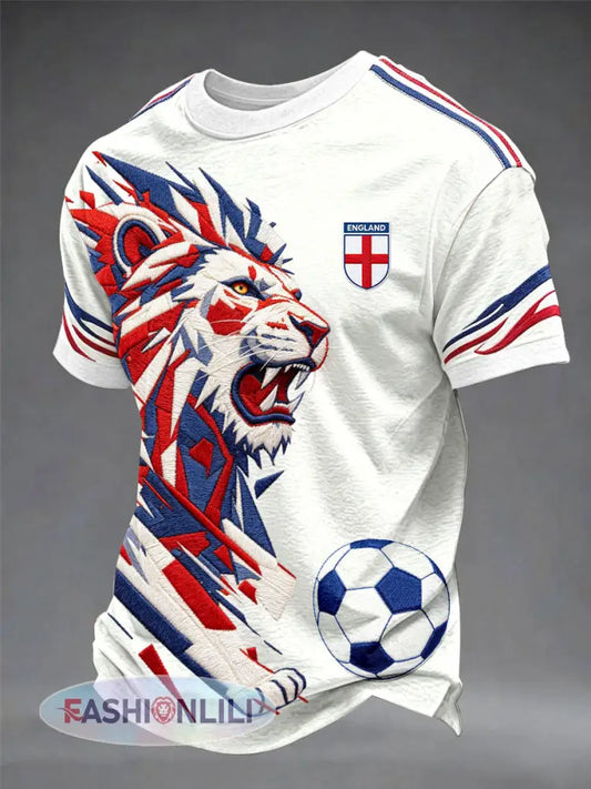 Men’s British Football Lion Embroidered Casual Unisex T-shirt - White / S