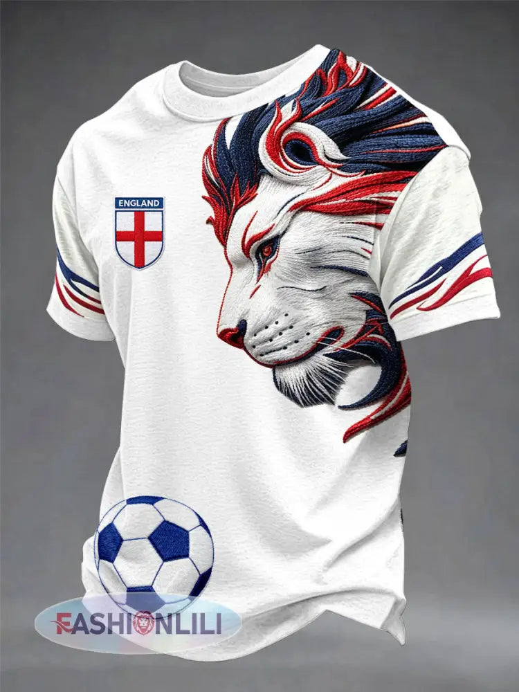 Men’s British Football Lion Embroidered Casual Unisex T-shirt - White / S