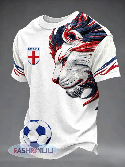 Men’s British Football Lion Embroidered Casual Unisex T-shirt - White / S