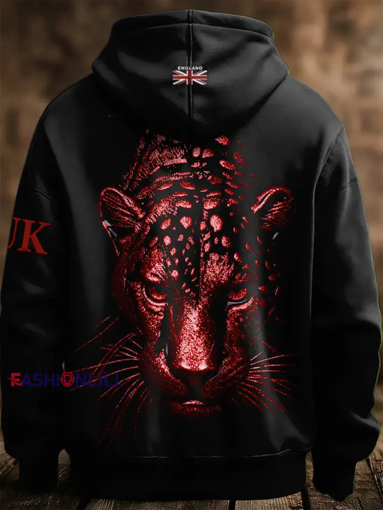 Men’s British Leopard Print Casual Hooded Sweatshirt Black / S
