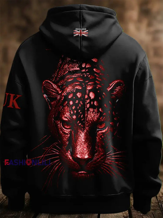 Men’s British Leopard Print Casual Hooded Sweatshirt Black / S