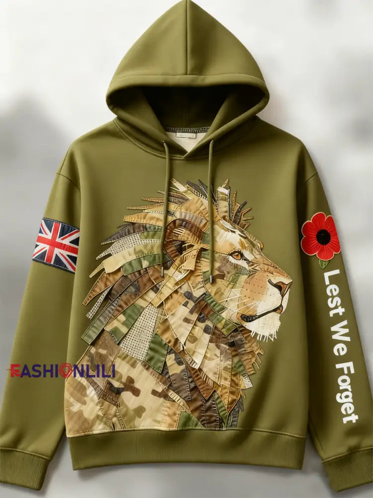 Men’s British Lion Lest We Forget Drop-Shoulder Hoodie (No Pockets) Army Green / S