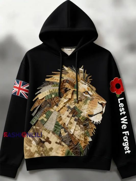 Men’s British Lion Lest We Forget Drop-Shoulder Hoodie (No Pockets) Black / S