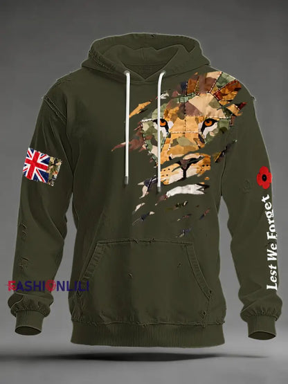 Men’s British Lion Lest We Forget Oversized Drop-Shoulder Hoodie with Pockets Army Green / S
