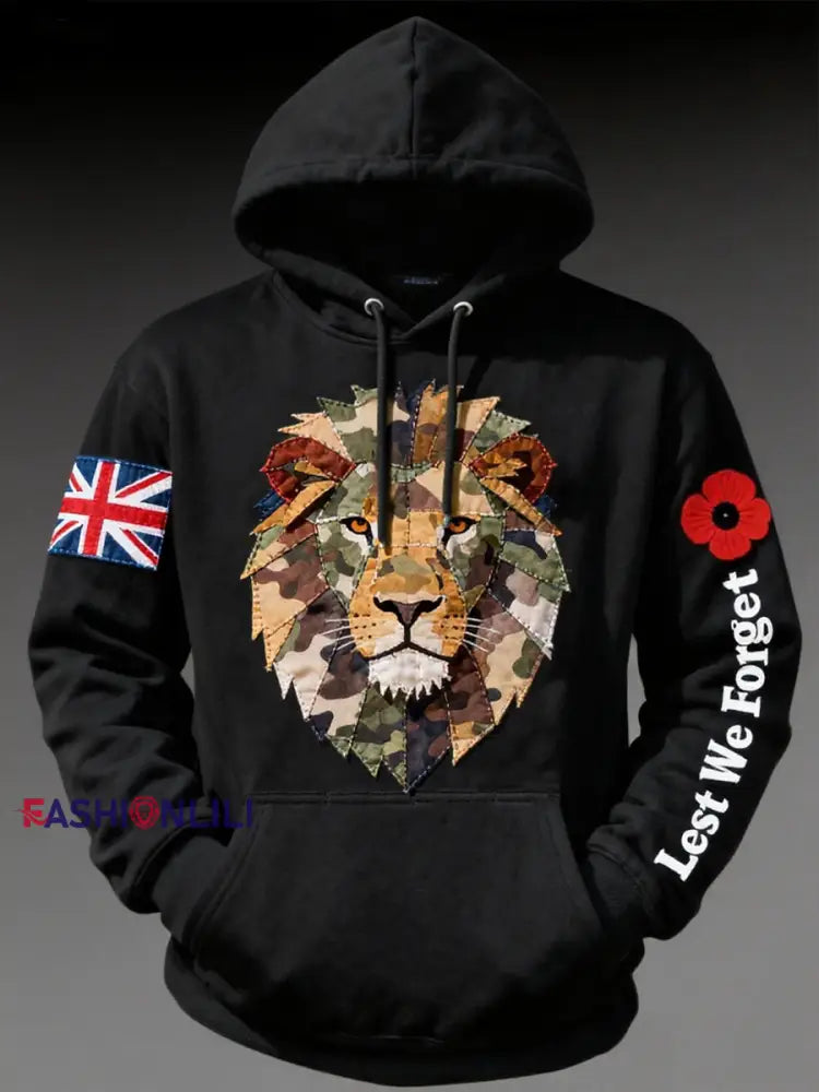 Men’s British Lion Lest We Forget Oversized Drop-Shoulder Hoodie with Pockets Black / S