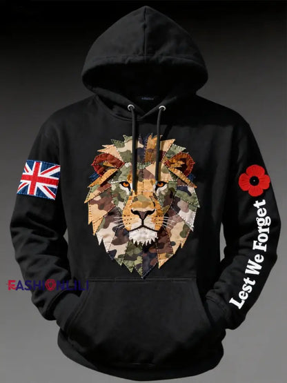 Men’s British Lion Lest We Forget Oversized Drop-Shoulder Hoodie with Pockets Black / S