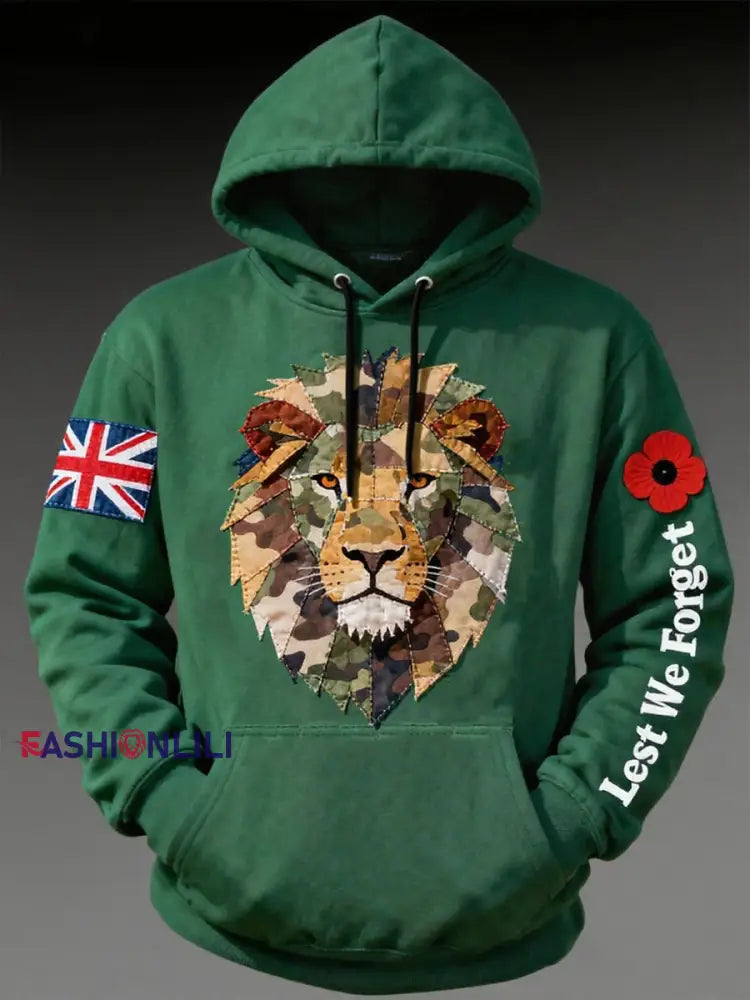 Men’s British Lion Lest We Forget Oversized Drop-Shoulder Hoodie with Pockets Green / S