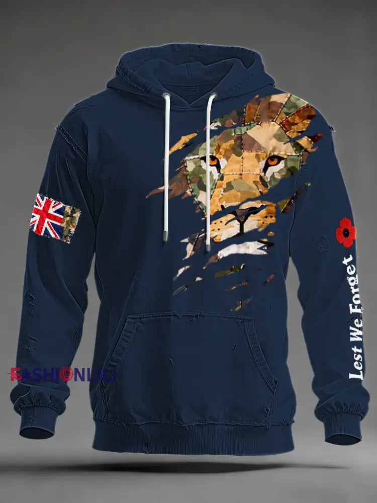 Men’s British Lion Lest We Forget Oversized Drop-Shoulder Hoodie with Pockets Navy Blue / S