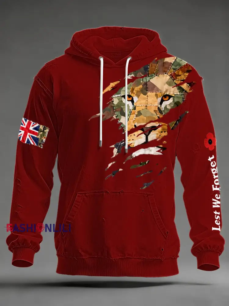 Men’s British Lion Lest We Forget Oversized Drop-Shoulder Hoodie with Pockets Red / S