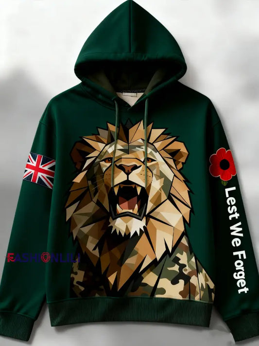 Men’s British Lion Print Drop-Shoulder Hoodie (No Pockets) Dark Green / S